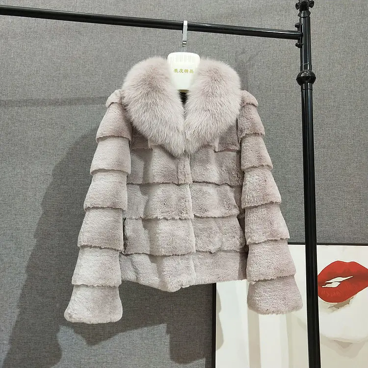 Women's Fur Jacket Autumn and Winter Imitate Rex Rabbit Fur Fur Coat Women's Short Fox Fur Collar Overcoat Faux Fur Coat