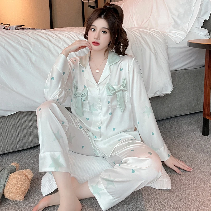 FUNISHI Women's Pajamas Silk Sexy Sleepwear Cartoon Princess Style Plus Size Lapel Loose Version Pajama Set