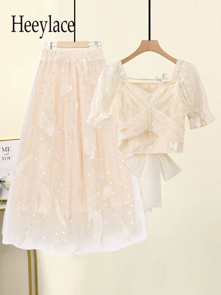 Women Summer French Vintage Elegant Two Piece Sets Women Lace Patchwork Sweet Short Top And Mesh Sequined Skirts Sets