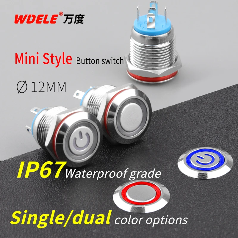 Микрометаллический кнопочный переключатель WD 12 мм, 4-контактный переключатель, водонепроницаемый IP67, розетка или мгновенная работа, 24 В, 220 В