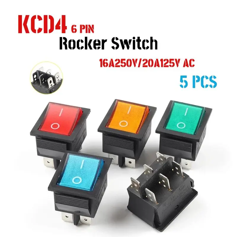 

1/5 Pcs KCD4 6Pin 31X26mm Power Rocker Switch 2/3 Position Boat Button Switch Latching with Light16A 250VAC 20A 125VAC On-Off-on