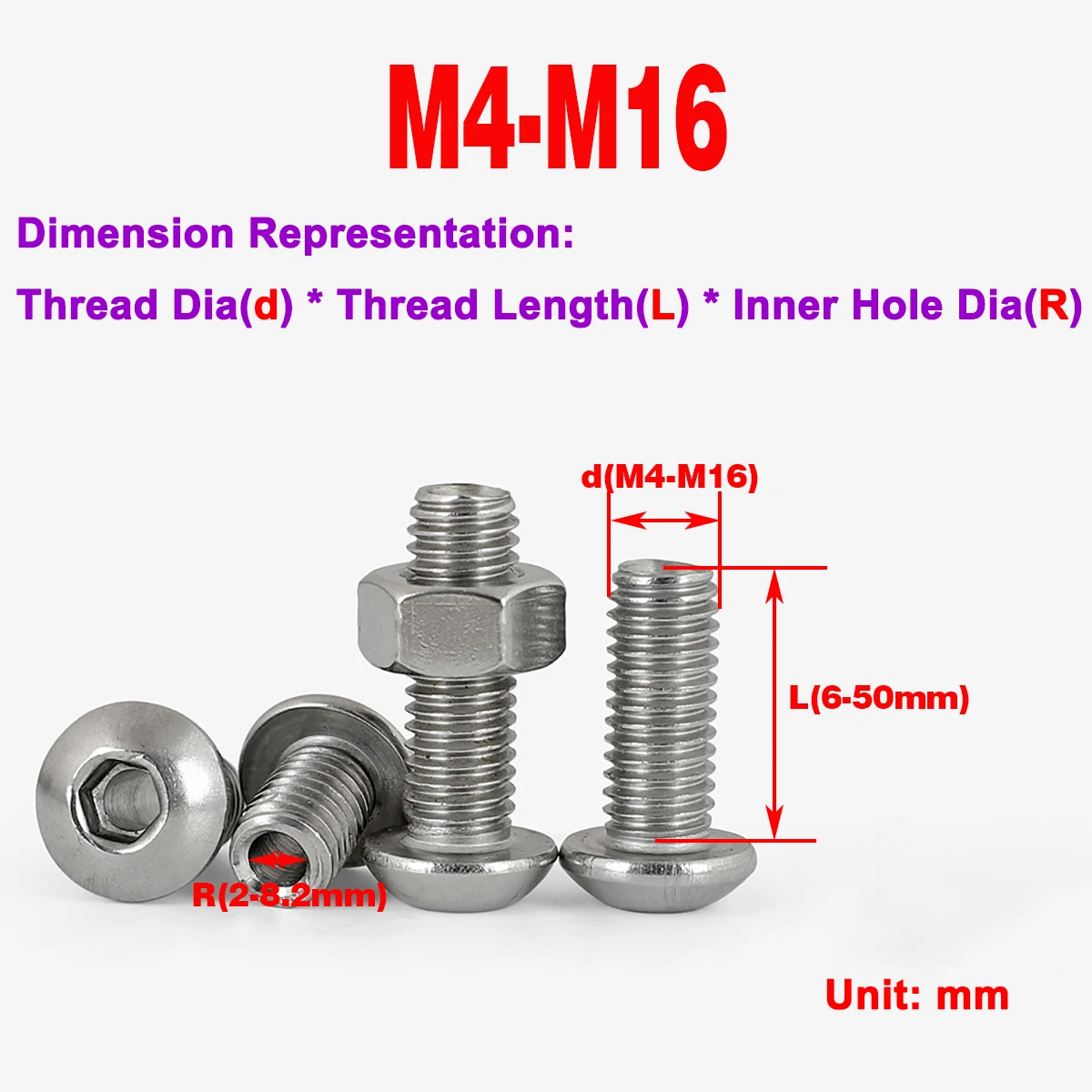 

304 Stainless Steel Hollow Round Head Hexagon Socket Screw / Hollow Bolt M4-M16