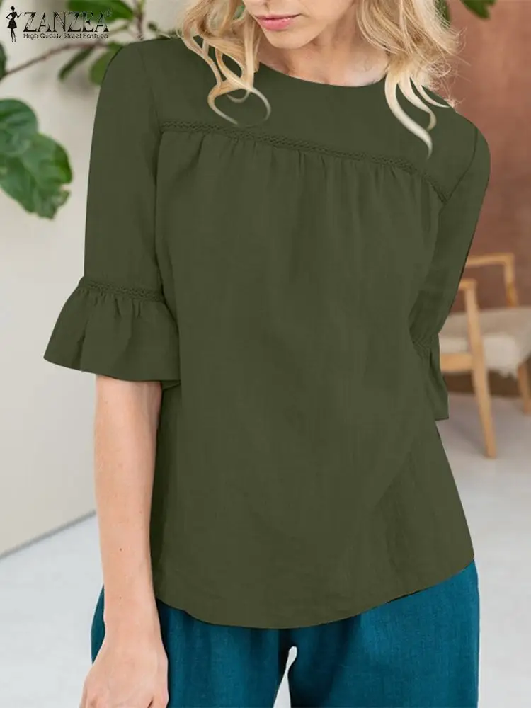 

ZANZEA Elegant Lace Crochet Flounce Blouse Summer Women Half Sleeve Shirt Casual O Neck Loose Tunic Tops Fashion Party Blusas
