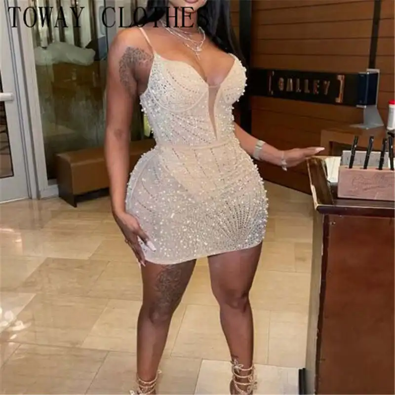 

Dress For Women Summer Sexy Mesh Rhinestone Dress Elegant Shiny Mini Party Dress