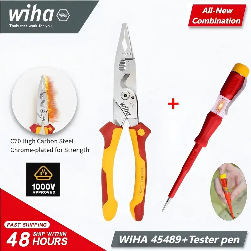 Фото WIHA 45489 Изолированные электрические плоскогубцы 8-в-1 1000 В VDE - прецизионный щипцы для зачистки проводов + бесплатная ручка-тестер №1