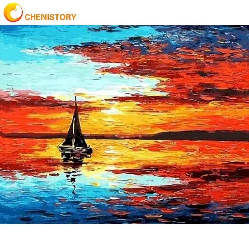 

CHENISTORY DIY Oil Painting By Numbers Sunset Sailboat On Canvas Frame Acrylic Paints Seaside Wall Decors Gift For Beginner