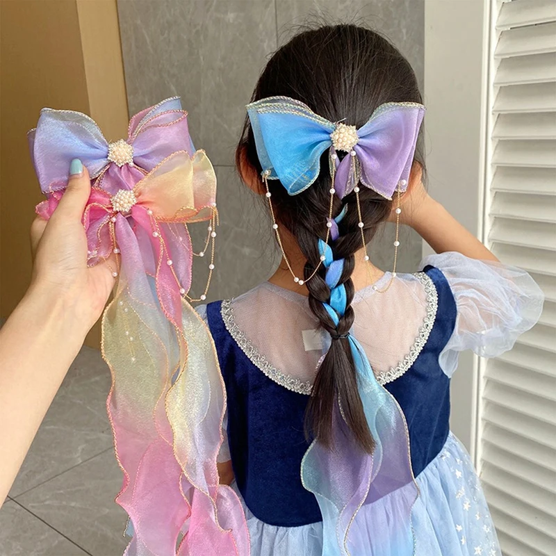 

Children's Hair Accessories Pearl Tassels Bows Ribbons Braided Hairpins Headdresses Summer Girls Princess Hairpins