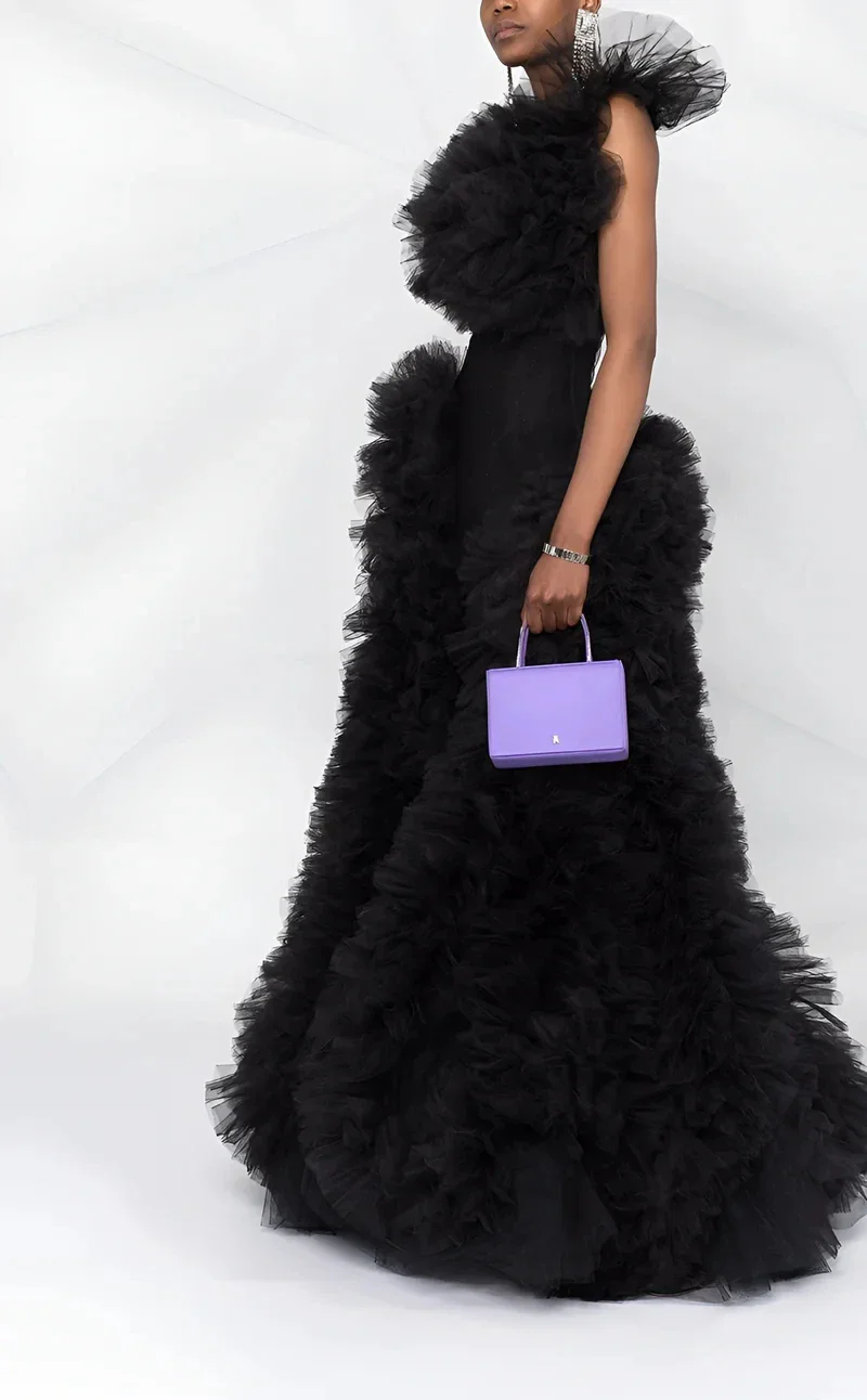 Пышные длинные платья для выпускного вечера с рюшами Черное арабское вечернее