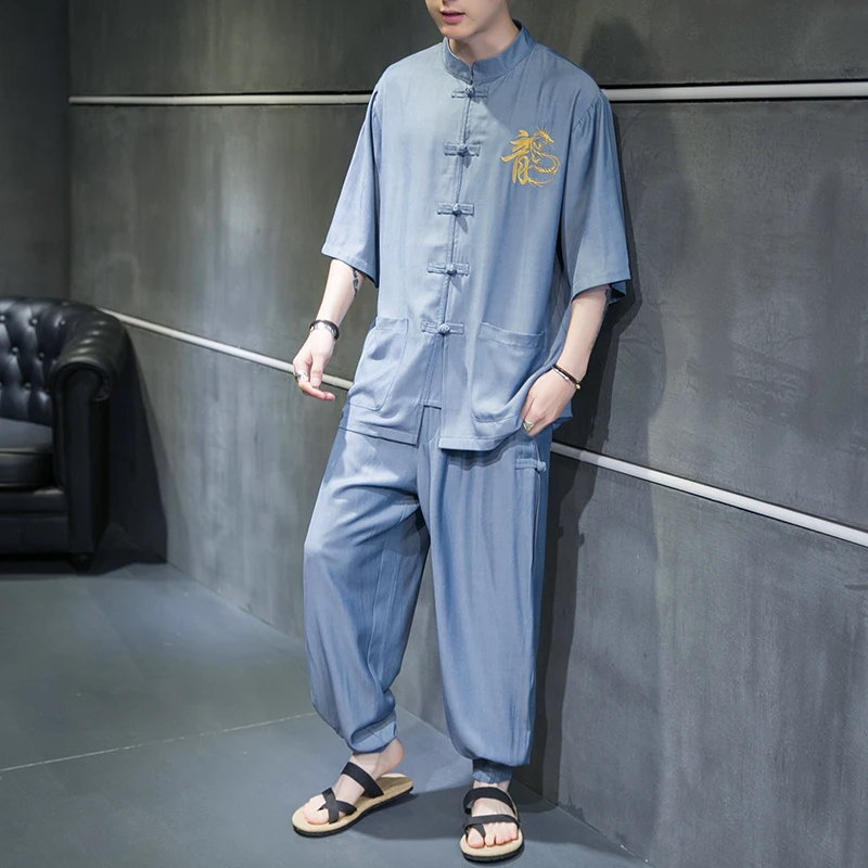 

2022 New Fashion Men's Ice Silk Dragon Embroidery Tai Chi Suit Suit Harajuku Street Short-sleeved Shirt and Trousers Two Pieces