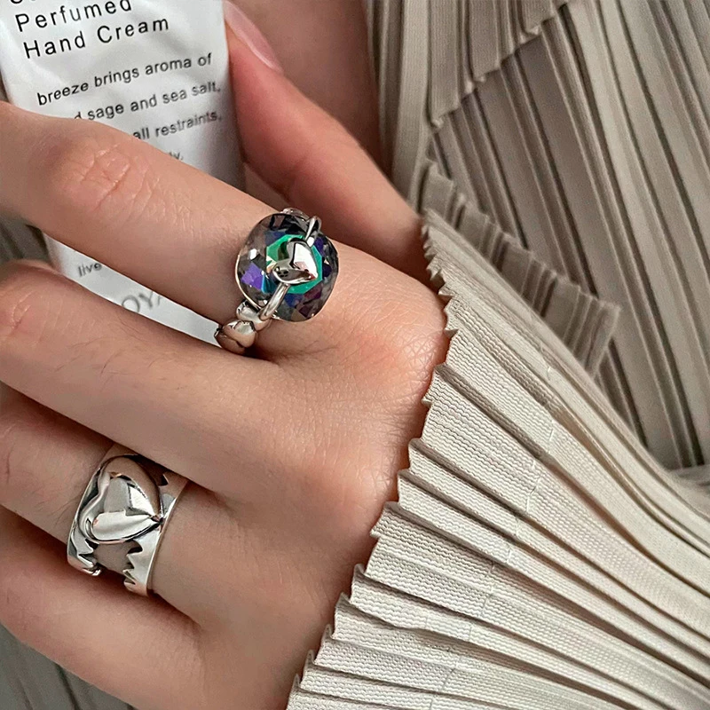 

Sparkling Zircons Couple Rings for Women Engagement Party Jewelry Double Layer Hollow Heart Trendy Charm Elegant Ring Adjustable