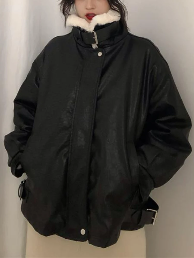 Black Winter Leather Jacket Women Korean Fashion Vintage Zipper Chic Biker Jacket Female Autumn Warm Loose Faux Fur Leather Coat