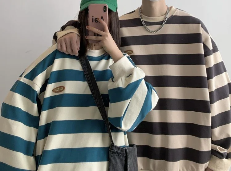 

Japanese it color sweater men lon sleeved autumn American retro striped t sirt ins tide brand arajuku couple jacket traf