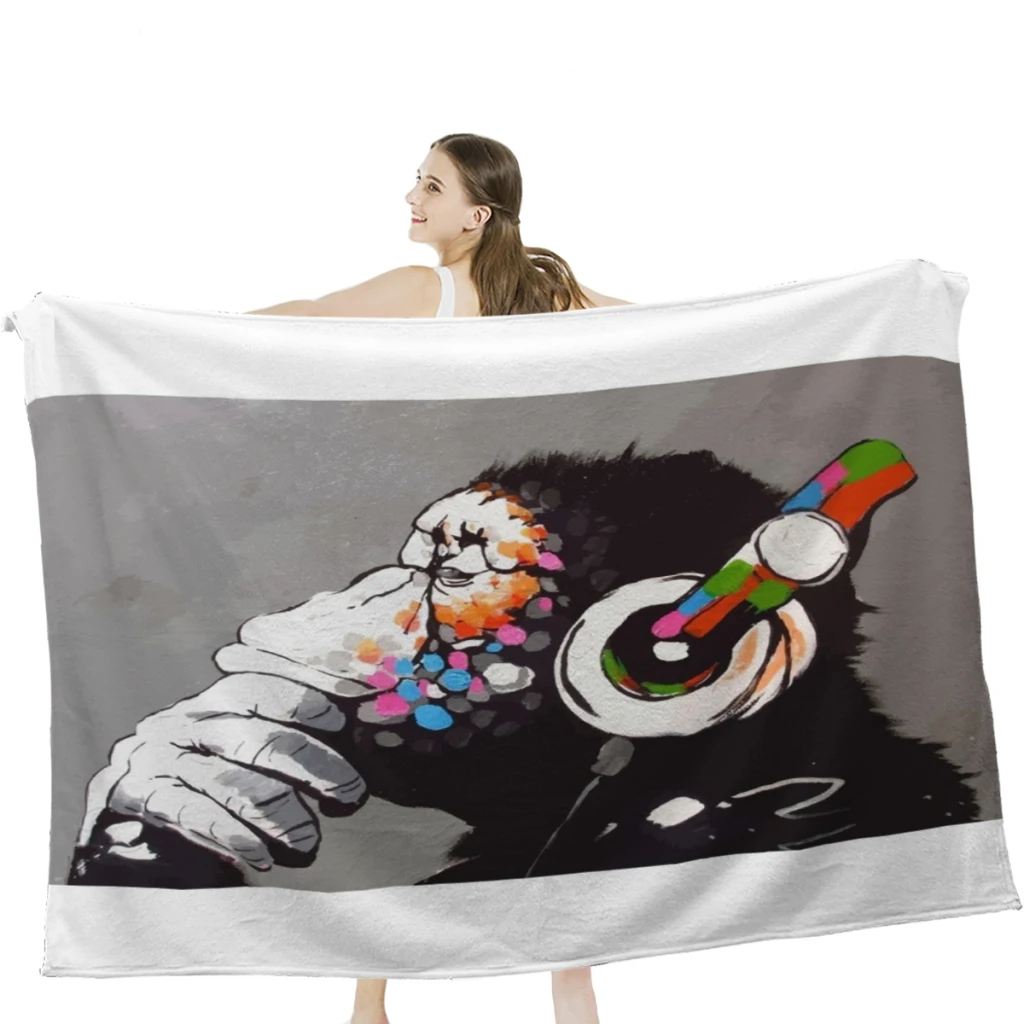 

Banksy DJ Monkey Thinker with Headphones Throw Blanket Soft Velvet Blanket Travel Bedding Blanket