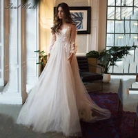 elegant v neck wedding dresses backless lace appliqued a line bridal gowns illusion long sleeves bride dresses vestidos de novia