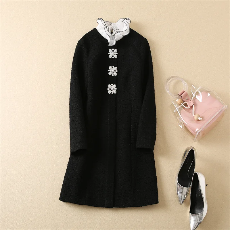 New European and American women's wear for winter 2022  Long sleeve petals stand collar nail beads fashionable tweed dress