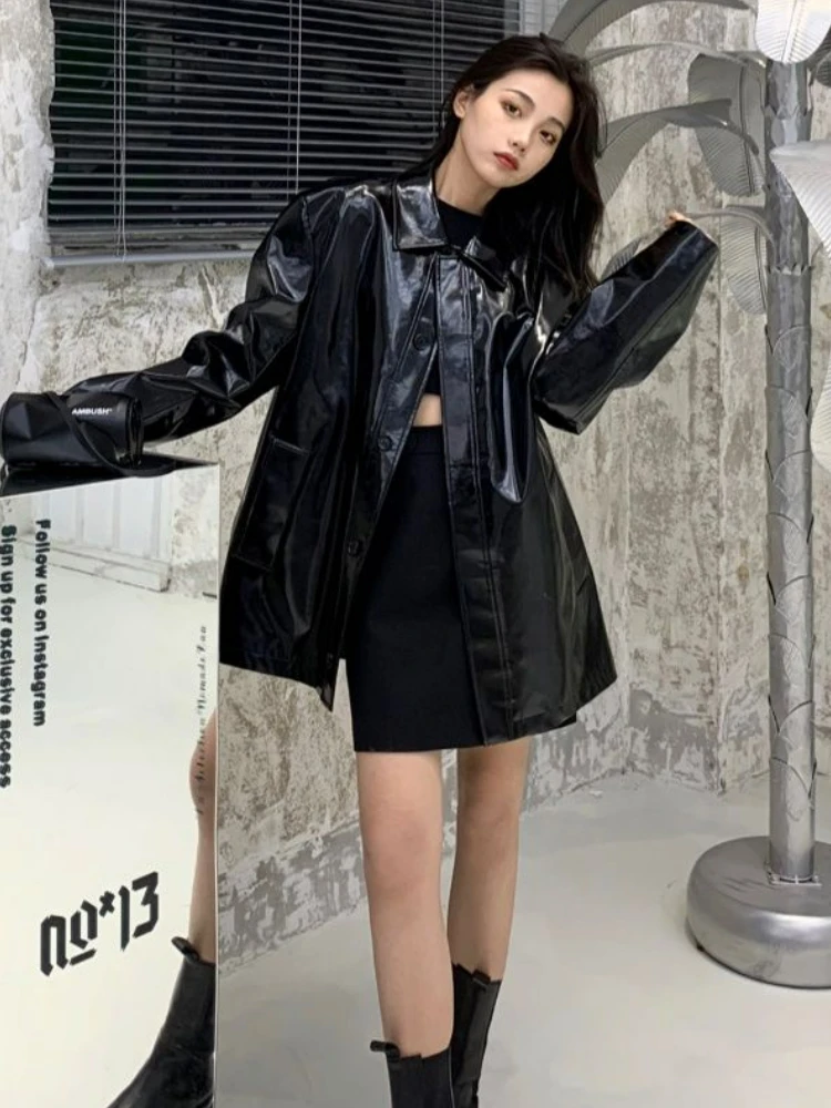 Autumn Loose Leather Jacket Women Black Korean Fashion Long Sleeve Biker Jacket Female 2022 Winter Streetwear Pockets Chic Tops