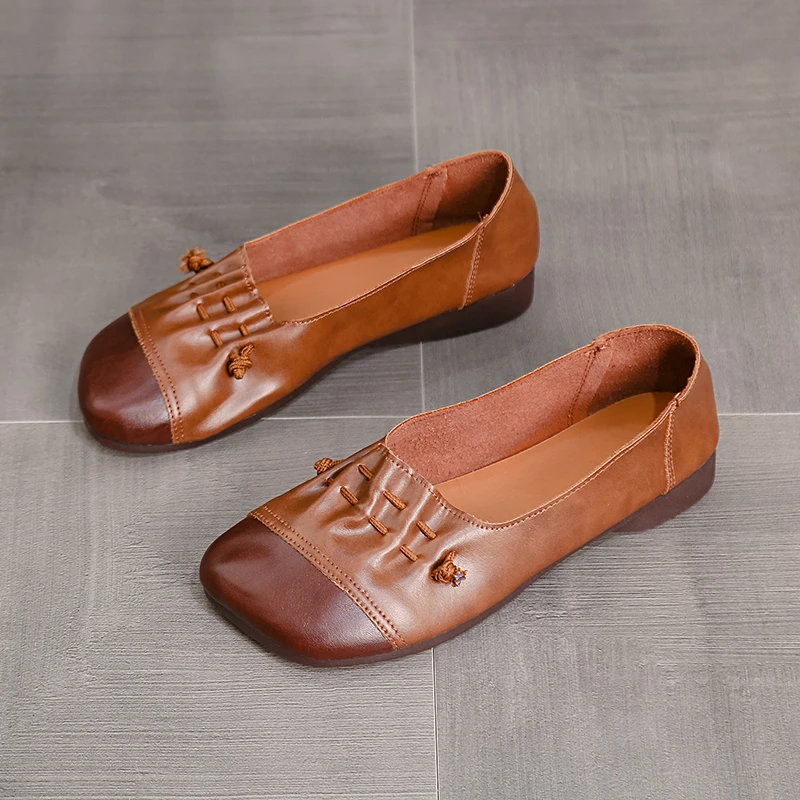 

Women's Single Shoes 2023 Spring Vintage Square Toe Soft Leather Women's Casual Shoes Slip on Loafers Ladies Flats Walking Shoes