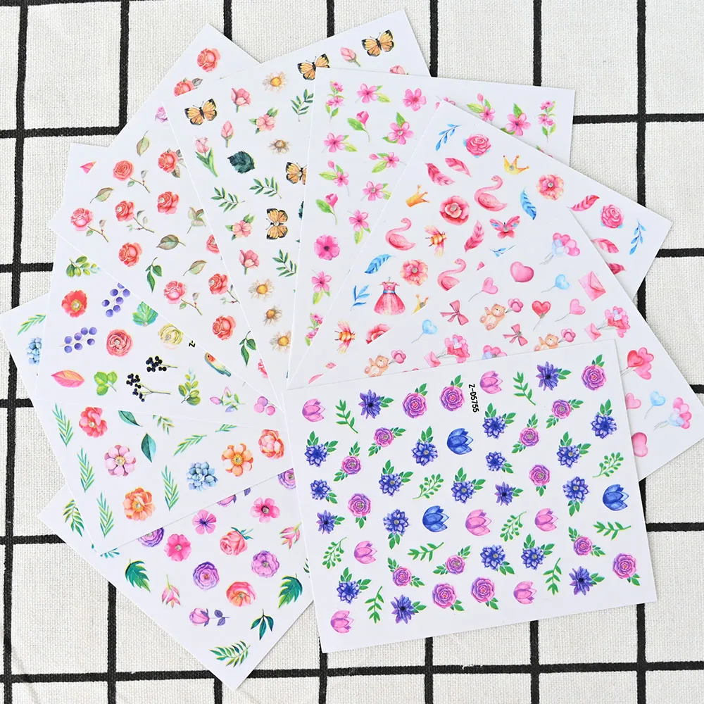 

9Pcs/Lot 3D Fresh Flower Leaves Nail Art Sticker Spring Summer Nail Art Transfer Shining Decals Manicure Aurora Slider Sticker #