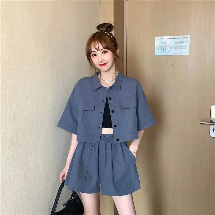 

2023 New Women Spring Summer Korean Fashion 2 Piece Set Female Casual Solid Shirt + High Waist Short Pant Tracksuit Tops A8