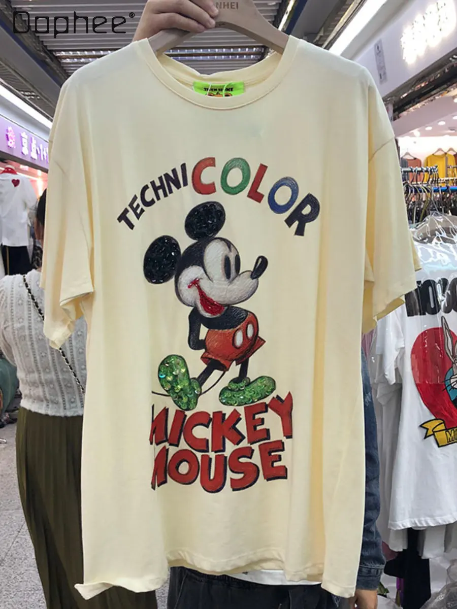

Fashion Cartoon Printed Short-Sleeved T-shirt Female 2023 Spring and Summer Heavy Industry Beads Sequins Loose Casual Top Women