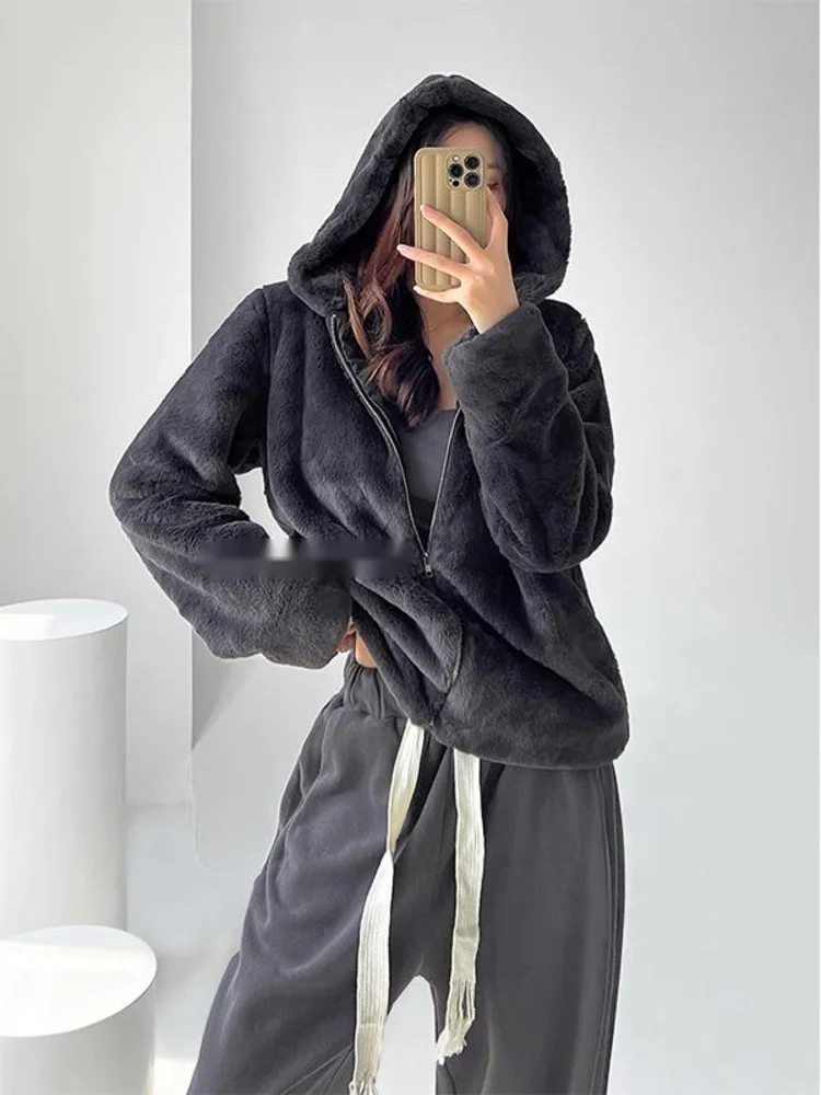 

Autumn Winter Casual Loose Plush Hooded Fur Tops Women Rabbit Hair Mink Hair Warm Thickened Top Sweatshirt R8RT