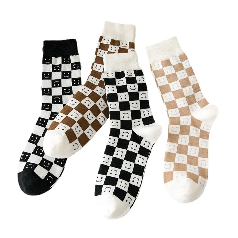 

Женские носки в стиле Харадзюку, модные геометрические клетчатые шахматные носки, хлопковая уличная одежда, носки в стиле хип-хоп, Kawai, смайл...