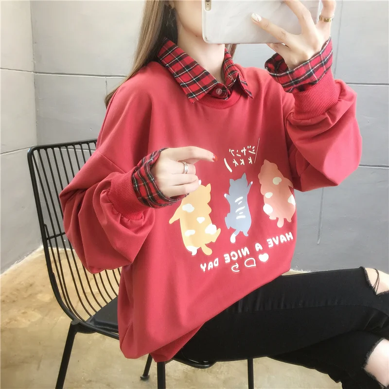 

Женский свитшот в стиле пэчворк, пуловер в клетку, модные весенние топы оверсайз с мультяшным принтом, Повседневная Красная Женская толстовка 2023