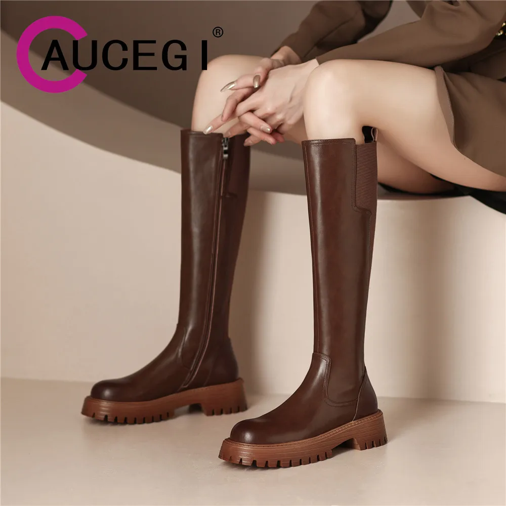 

Женские сапоги до колена из натуральной кожи, на квадратном каблуке