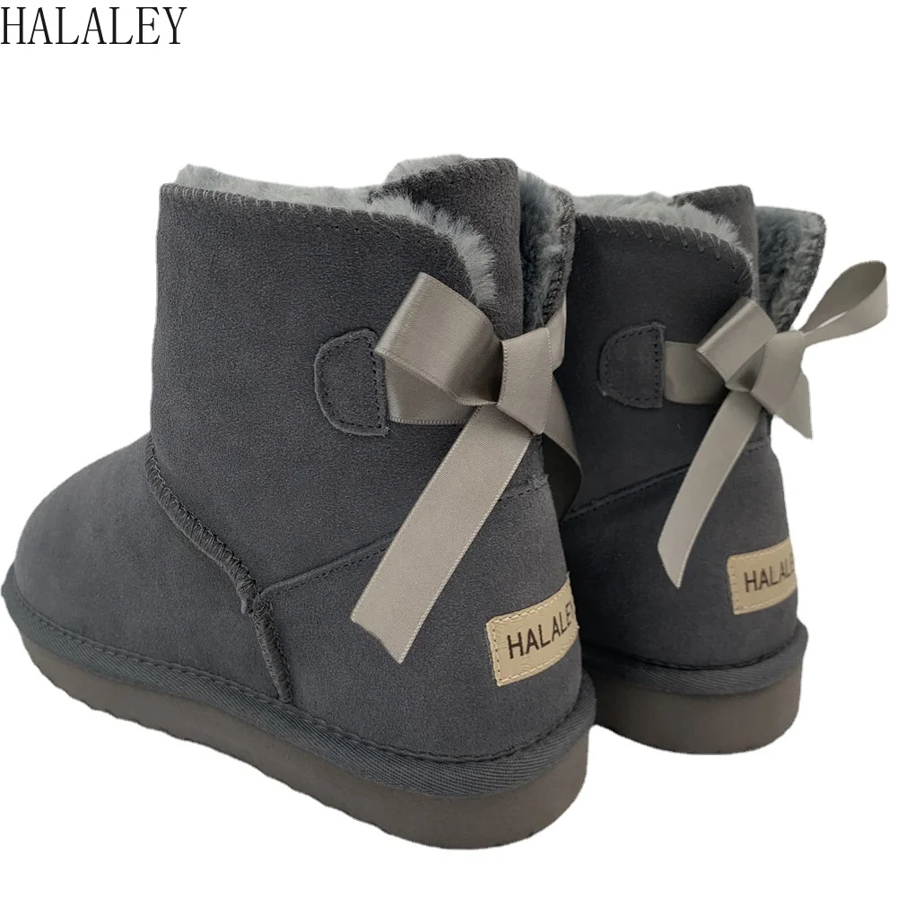 

HALALEY Fashionable Women Warm Snow Boots Winter Boots Genuine Cowhide Leather Women Bow Boots Ankle Boots Fur Shoes Size 34-46