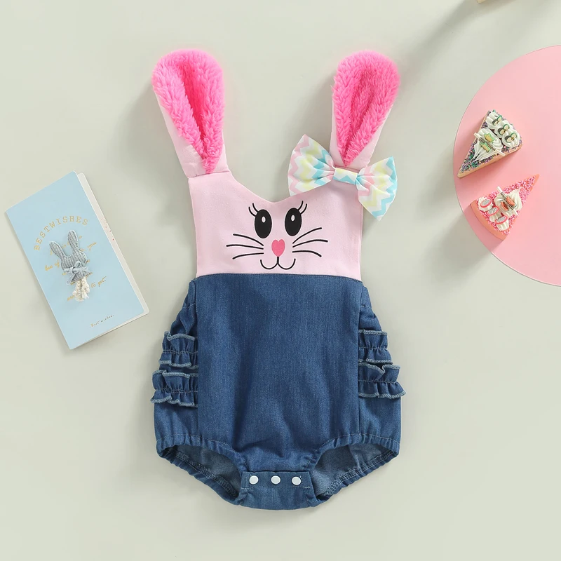 

0-24M Easter Baby Girls Cute Romper Cartoon Rabbit Print Patchwork Ears Bow Sleeveless Backless Jumpsuits