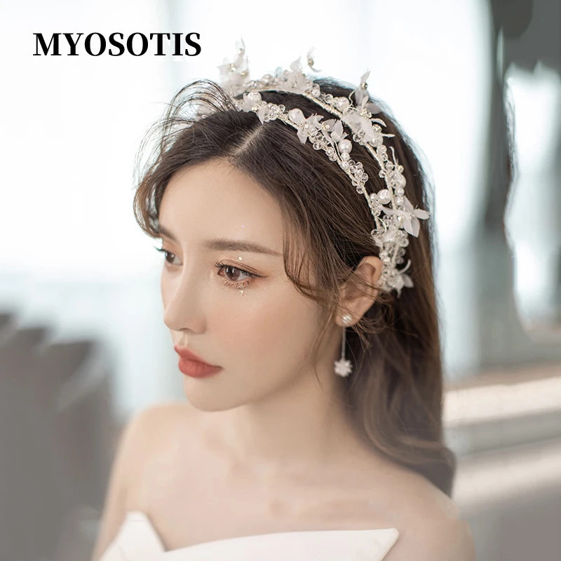

Gorgeous Handmade Silk Yarn Floral Wedding Tiara Beaded Pearls Hairbands Brides Headbands Bridal Hair Accessory