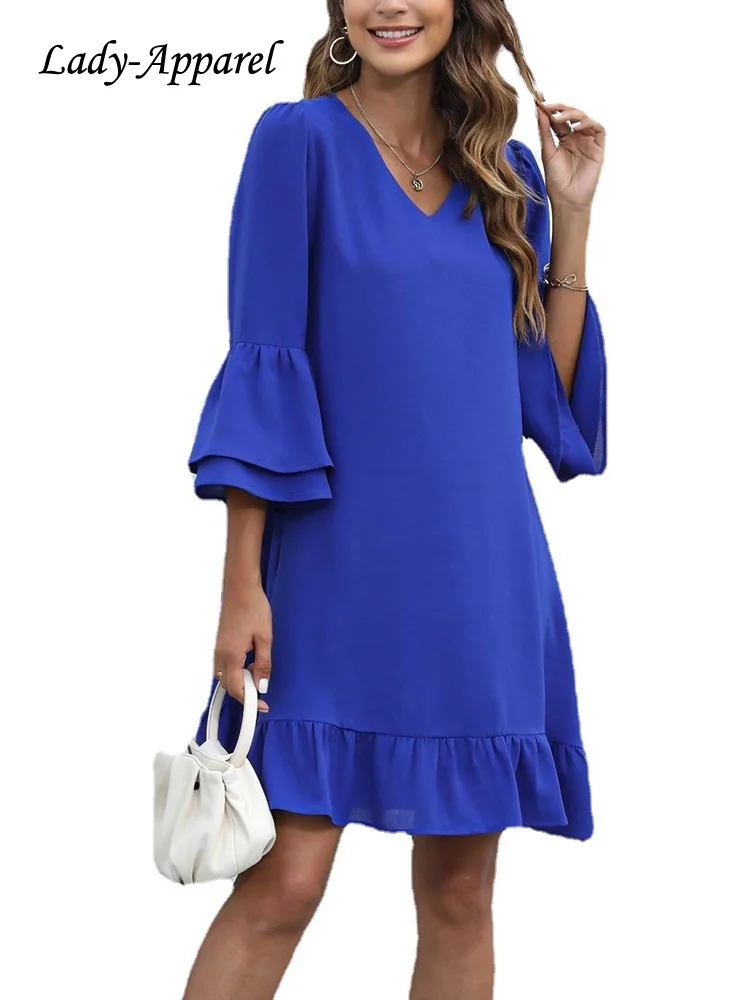 

Y2K Blue Summer Casual Dress Women's Loose V-neck Butterfly Sleeve Dresses Female Fashion Solid Color Ruffles Short Dress