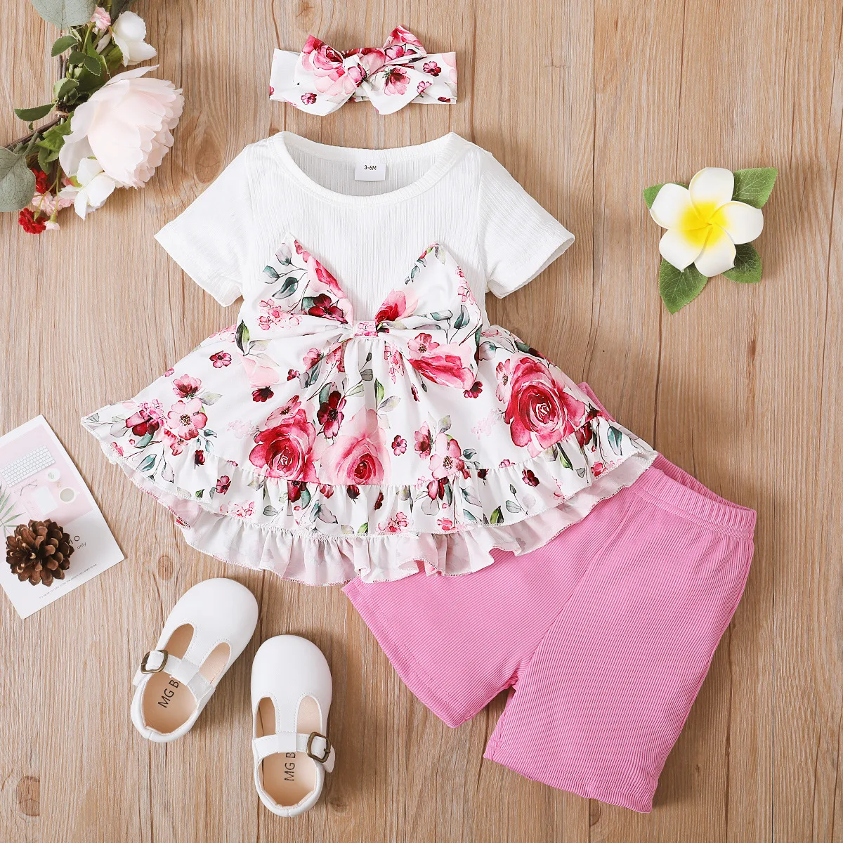 

Baby Girl Clothes Toddler Summer Clothing Stes Infant Ribbed Stitching Floral Top + Solid Shorts 2pcs Set Children Outfits
