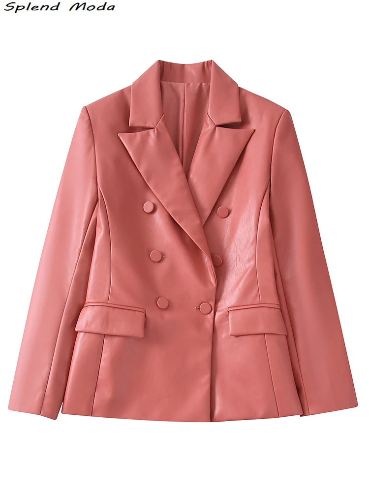 

2022 Za Women Fashion Office Lady Style PU Leather Double Breasted Blazers Streetwear Long Sleeve Pockets Blazer Coat Outwear