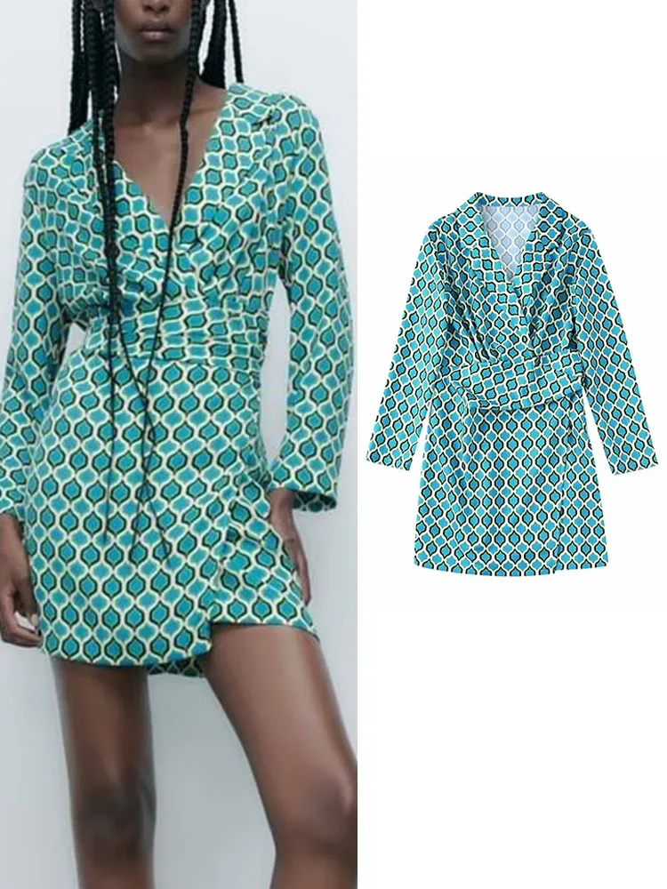 

TRAF Fashion Women Geometric Printed Dresses 2022 Autumn Vintage V-neck Female Mini Dresses Long Sleeve Soft Vestidos