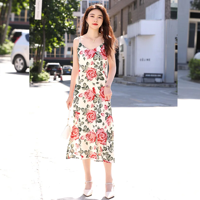 

Summer Fashion Peony Flower Office Ladies Sling Dress Work Wear Clothes Korean Thin A-line Evening Dresses Long Luxury AidenRoy