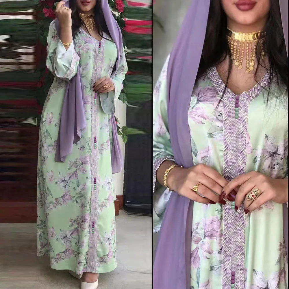 Abayas for Women New Middle Eastern Robe Arab Dubai Print V-Neck Dress Muslim Spring Women's Dress Vistidos Musulmana Abayat
