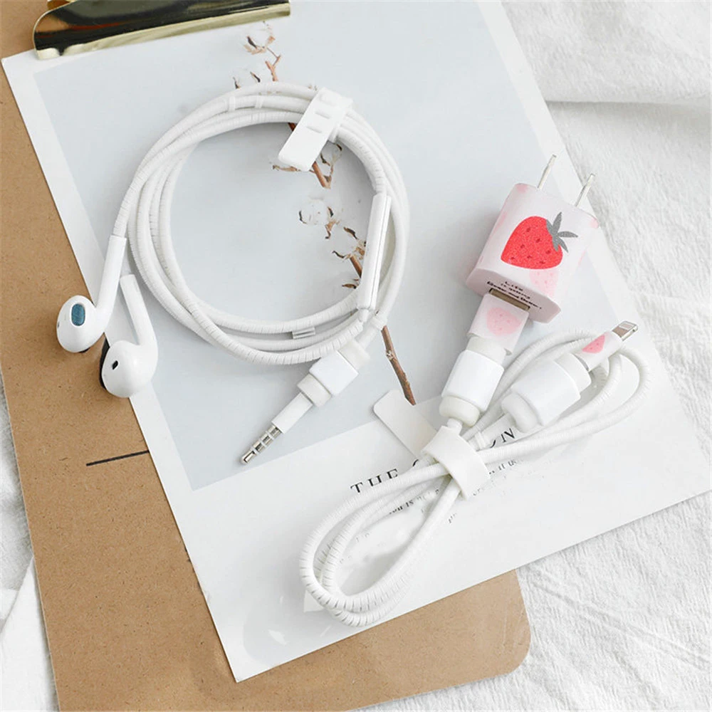 5pcsset mobile phone earphone cute data cable protector set cable protective cover for iphone 78x charger sticker earphone free global shipping