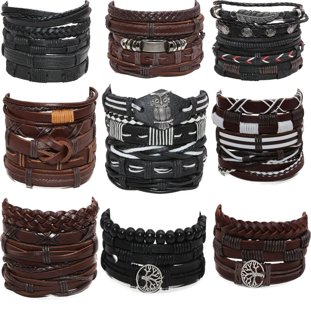 

Hot Selling Men's 5-piece Set Of Woven Cowhide Wax Rope Adjustable Charms Bracelet Hand Ornaments Charm Bracelets Men Jewelry