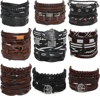 hot selling mens 5 piece set of woven cowhide wax rope adjustable charms bracelet hand ornaments charm bracelets men jewelry