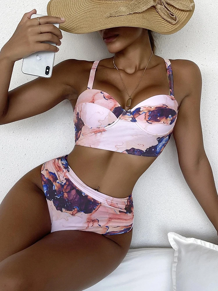 

Новый пикантный купальник из двух предметов с высокой талией и открытой спиной, бикини, женский купальник на косточках с принтом, модная пля...