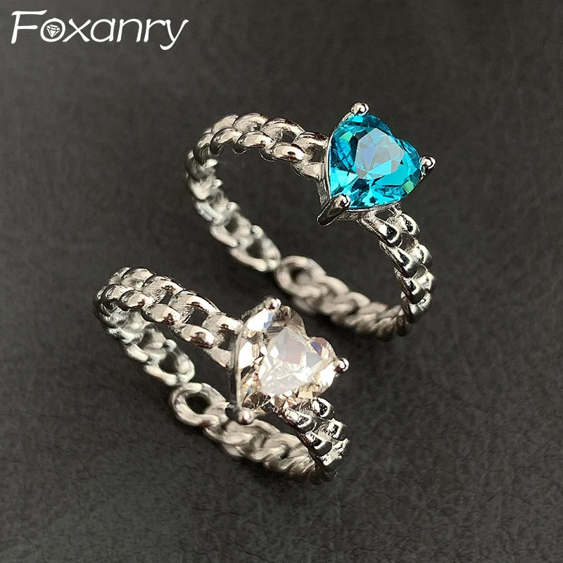 

FOXANRY 925 Stamp Engagement Rings for Women New Fashion Elegant Sparkling Zircon LOVE Heart Ring Party Jewelry Gifts