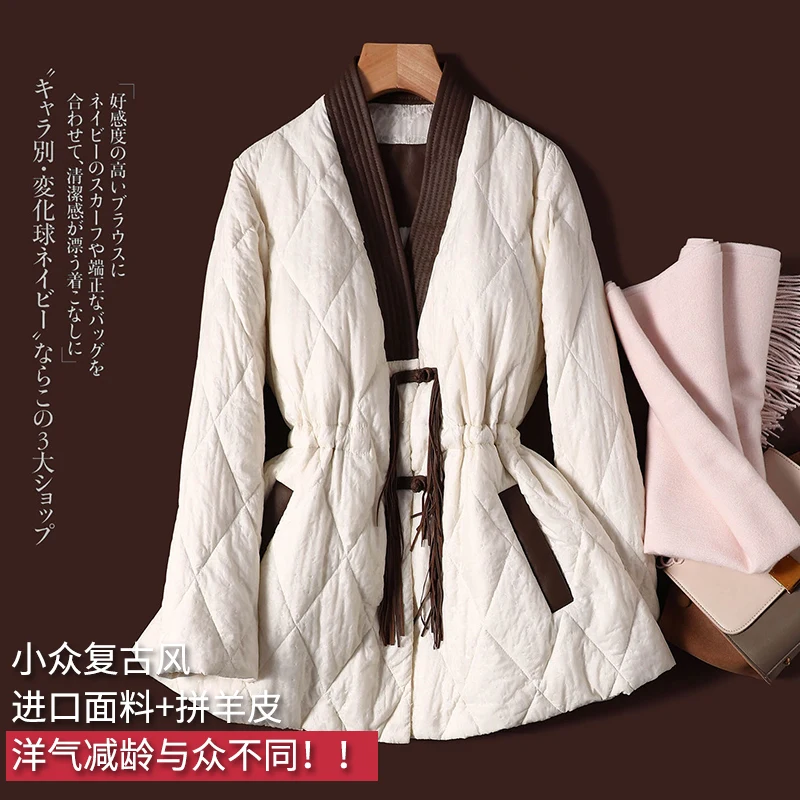 Thin Fashion Design New Chinese Style  Spliced Sheepskin Casaco Feminino Inverno 2022 90%  White Goose Down  Coats  Jacket Women