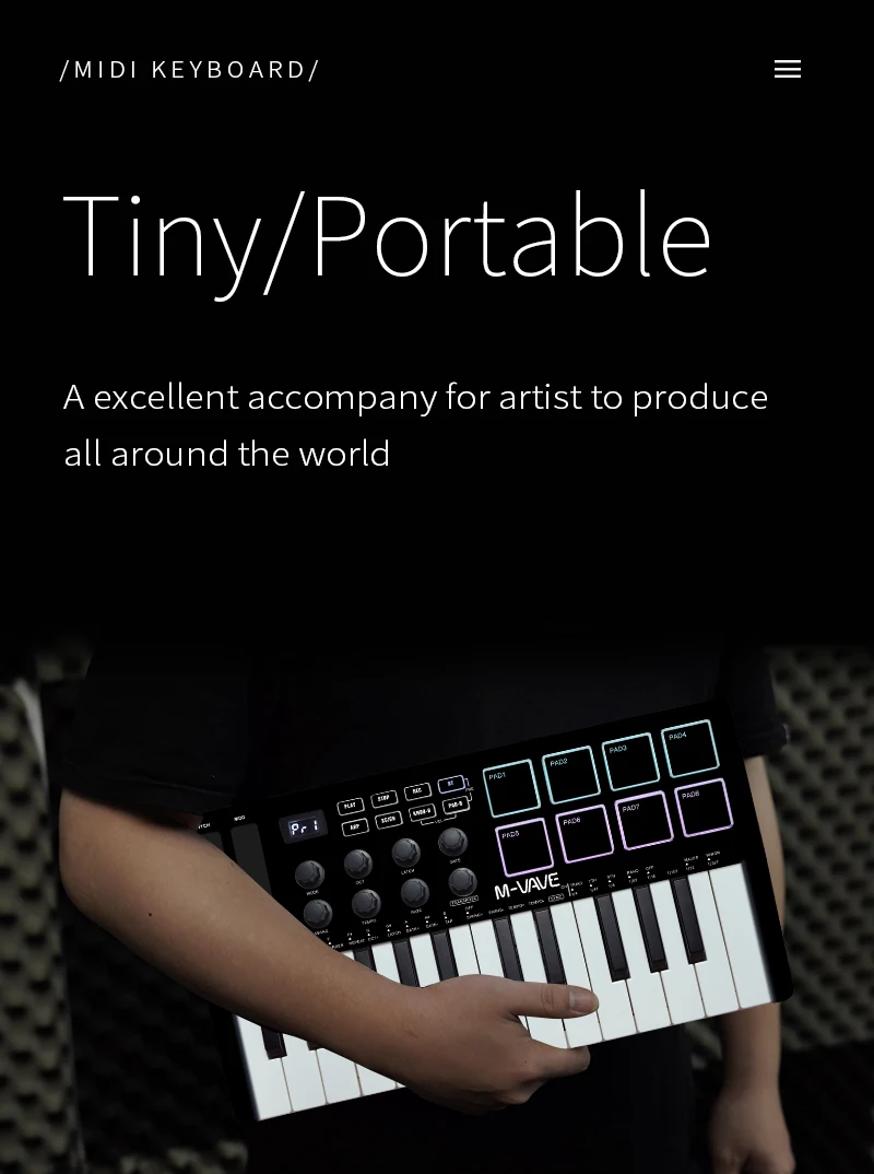 Контроллер M-VAVE II Mini MIDI Pad с 25 клавишами 16 барабанных колодок RGB 8 ручек