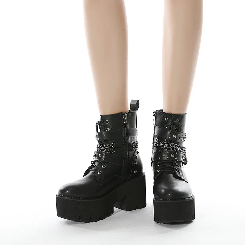 

New Sexy Rivets Women Gothic Ankle Boots High Heels Big Size 42 Fashion Boots Of The Women Ankle Buckle Strap Drop Shipping