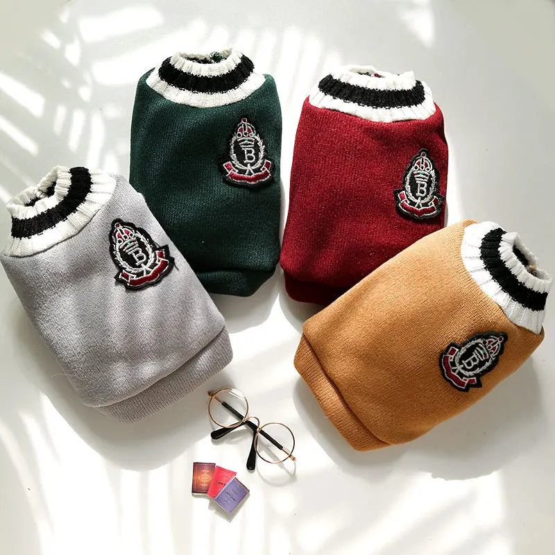 

Pet Dogs Clothes Winter Warm Dog Sweater Preppy Style V-neck Puppy Knitted for Small Large Dogs Cats French Bulldog Bichon Coat