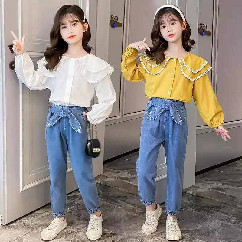 

2 шт., футболка с длинным рукавом и джинсы для девочек 3- 14 лет