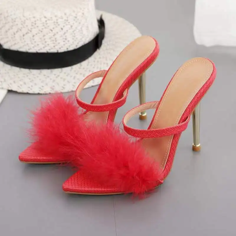 

2023 Size 42 43 Women Sandals Blue Fashion Womans Pumps Furry Thin Heels Summer Sexy Black Female Slipper Woman Club High Heels