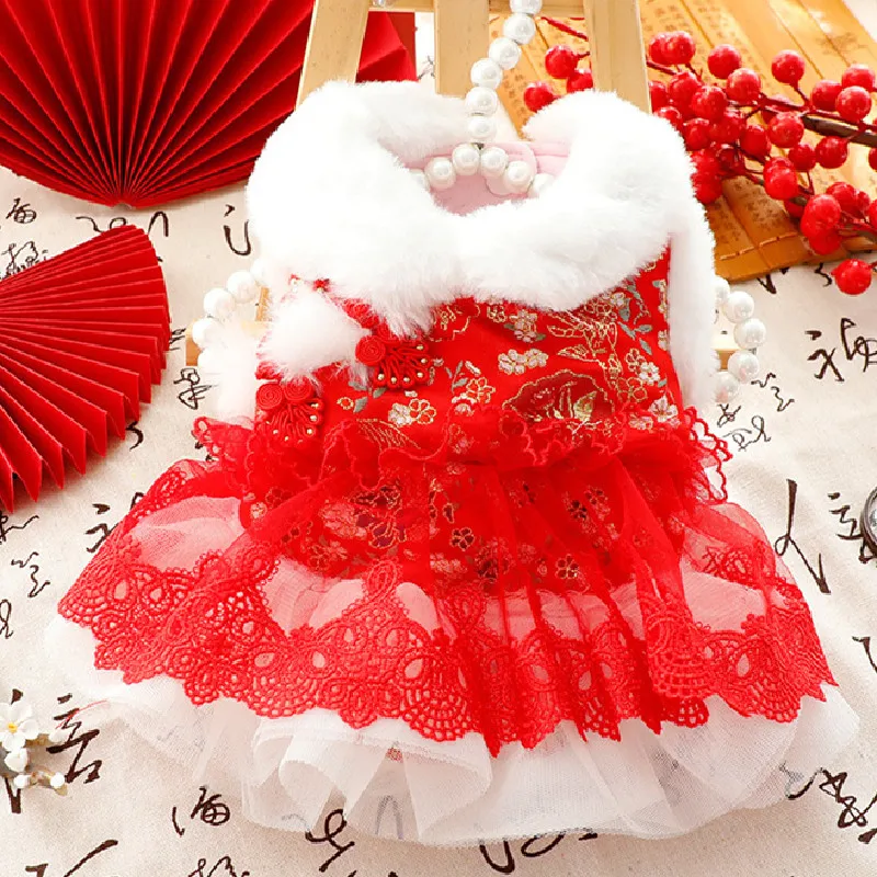 

Chinese New Year Dog Dress Tang Suit Cheongsam Winter Cat Pet Clothes Tutu Yorkie Pomeranian Maltese Poodle Bichon Dog Costume