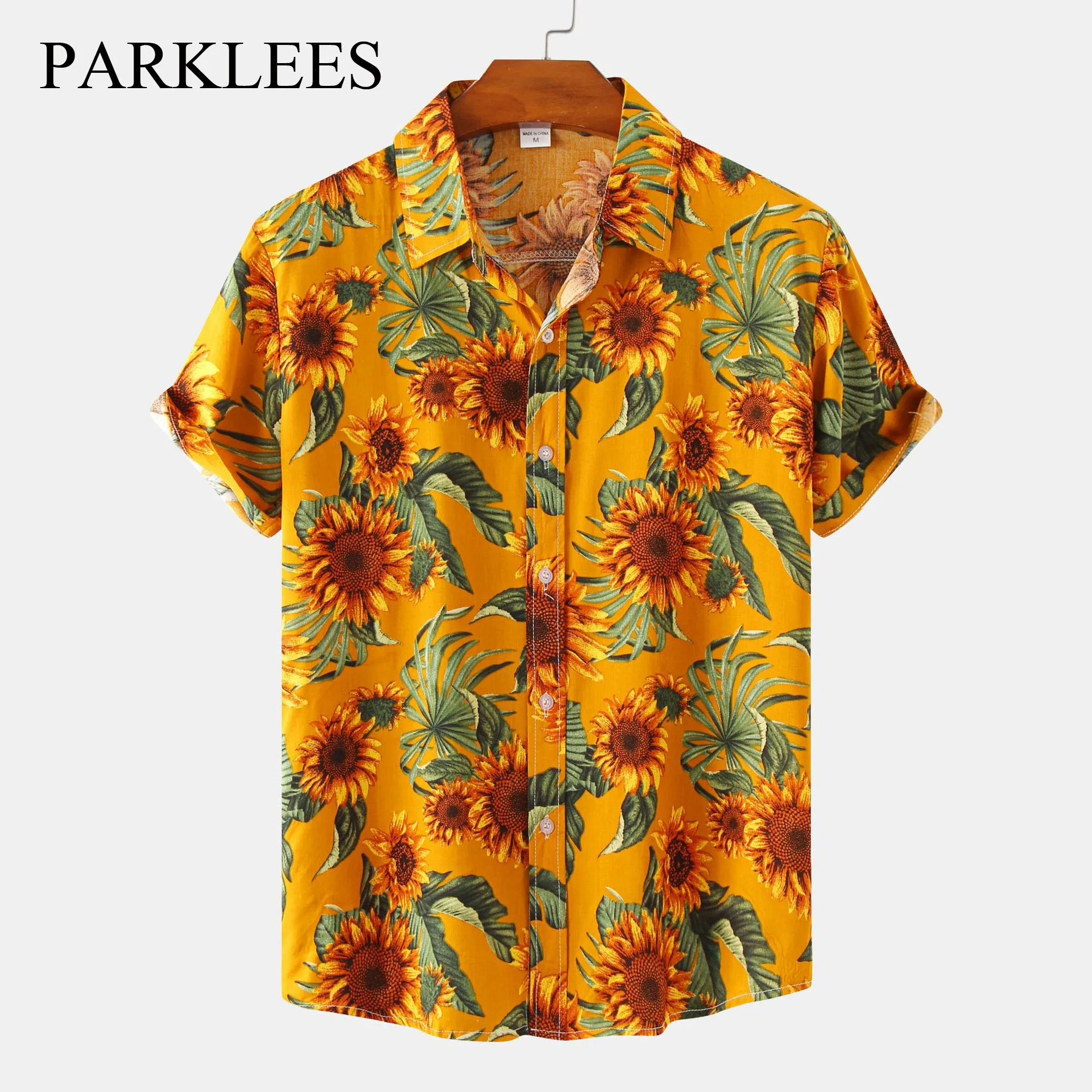 

Parklees Mens Sunflower Printed Hawaiian Shirt 2022 Summer Short Sleeve Funky Retro Shirt Loose Casual Tropical Beach Shirt Male